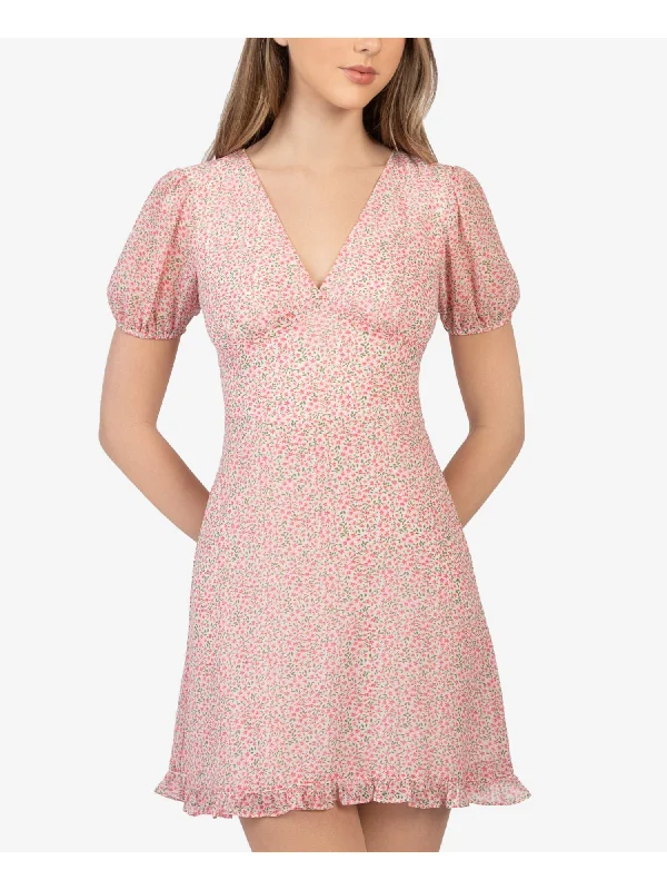 Markdowns B DARLIN Womens Zippered Floral Pouf Sleeve V Neck Short Party Fit + Flare Dress