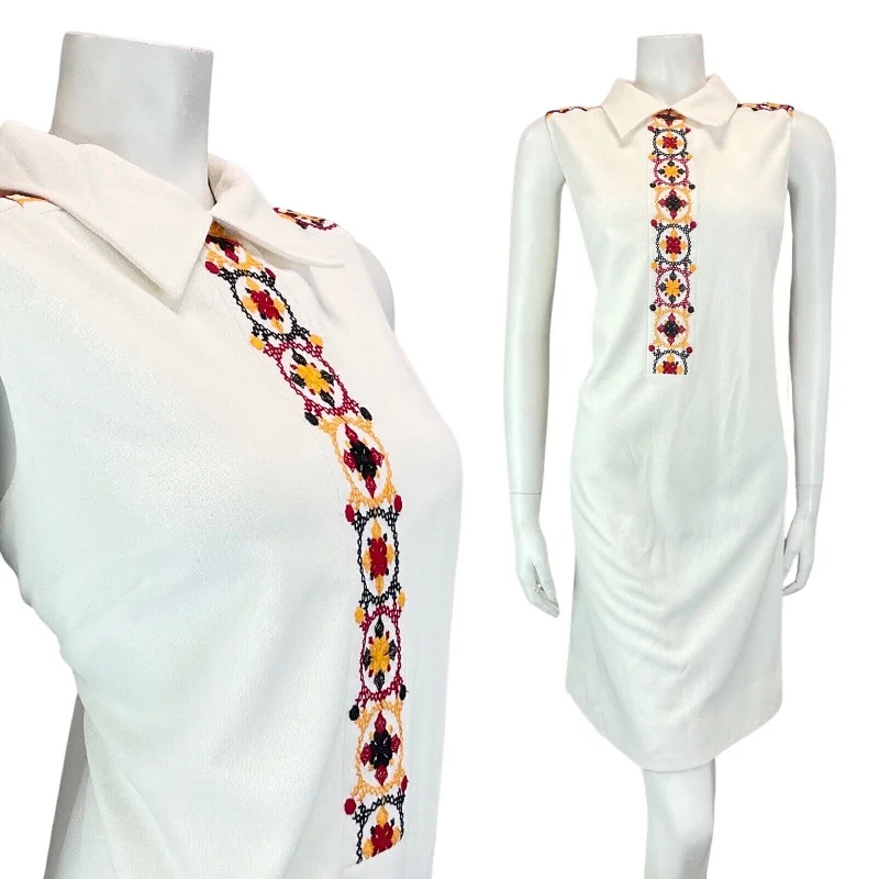 Price Fest VTG 60s 70s WHITE RED BLACK EMBROIDERED CROSS-STITCH MOD SLEEVELESS DRESS 12 14