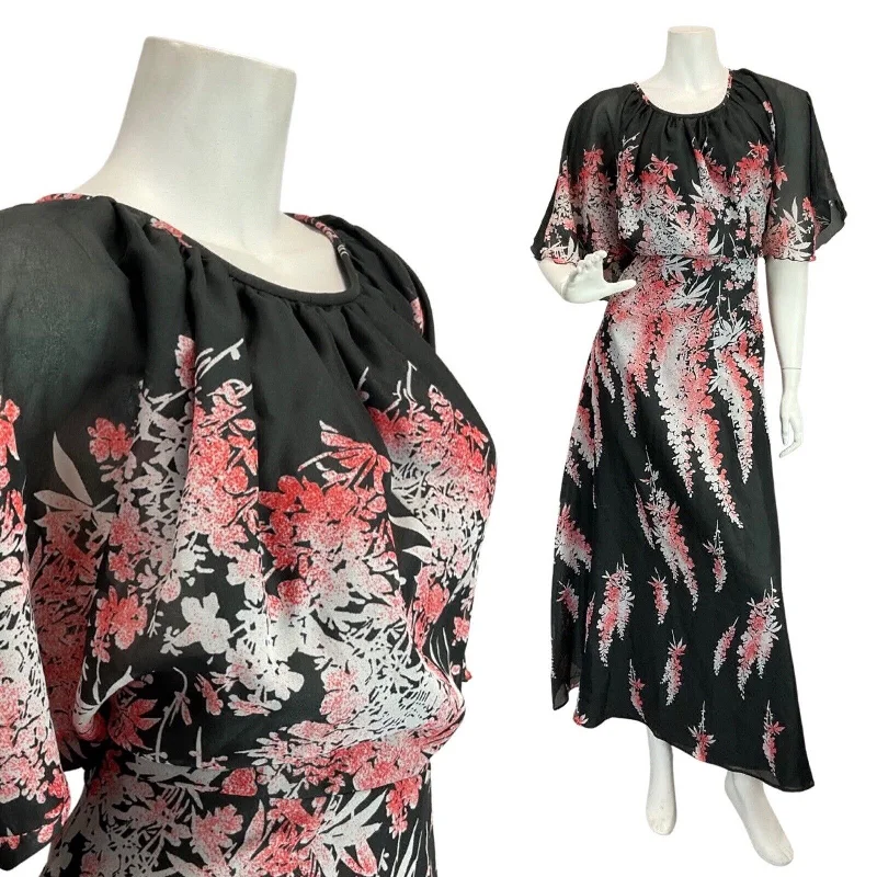 Holiday Sale VINTAGE 60s 70s BLACK WHITE RED FLORAL LEAFY SHEER BOHO FOLK MAXI DRESS 8 10