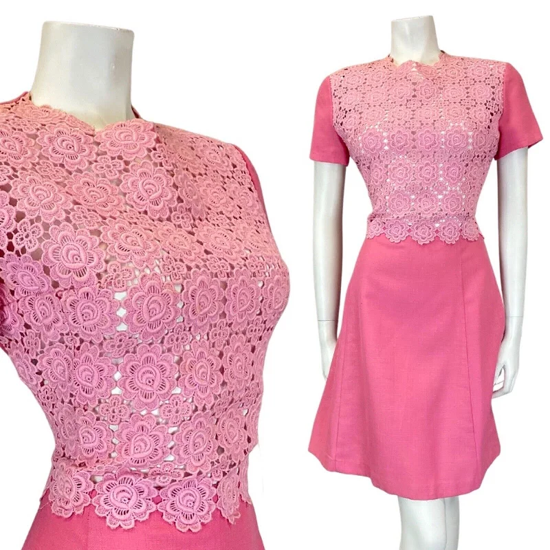 Exclusive Access VINTAGE 60s 70s ROSE PINK EMBROIDERED FLORAL LACE SHORT-SLEEVE DRESS 10 12
