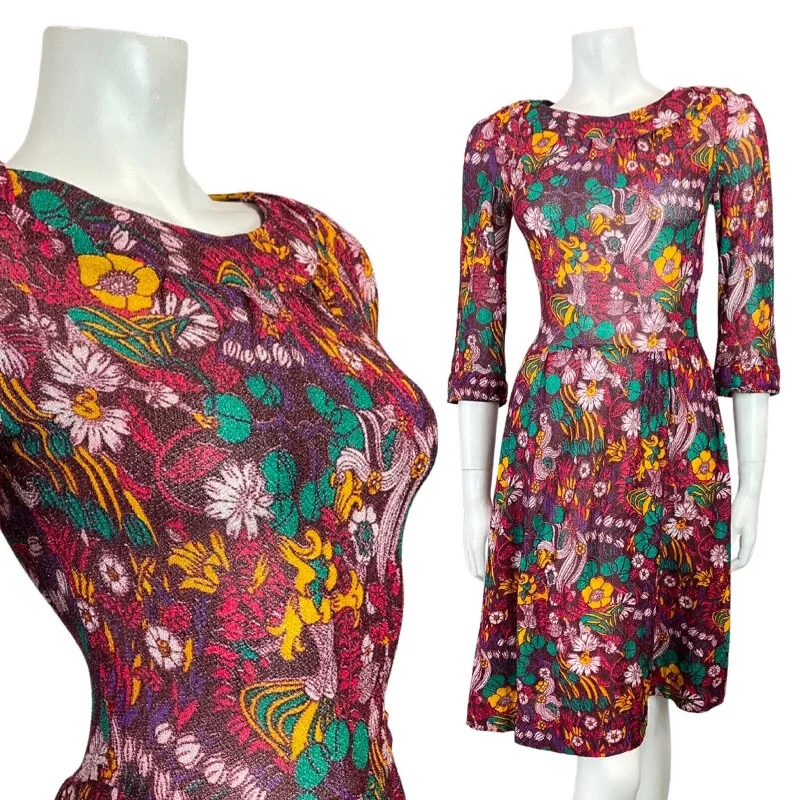 Today’s Special VINTAGE 70s 90s PURPLE GREEN YELLOW PSYCHEDELIC FLORAL LUREX SKATER DRESS 8