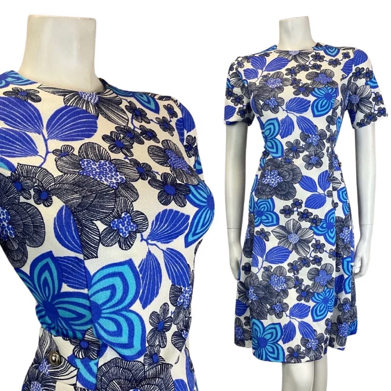 Closeout VINTAGE 60s 70s BLUE BLACK WHITE PSYCHEDELIC FLORAL SHORT SLEEVE MOD DRESS 12