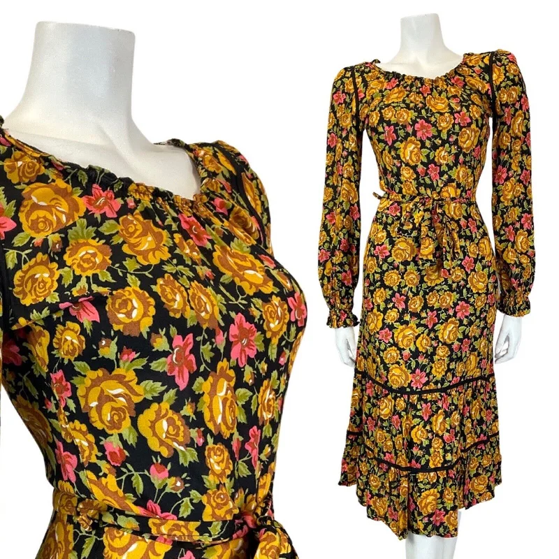 Customer Appreciation Sale VINTAGE 60s 70s GOLD BLACK PINK FLORAL ROSE BOHO PRAIRIE LONGSLEEVE MIDI DRESS 6