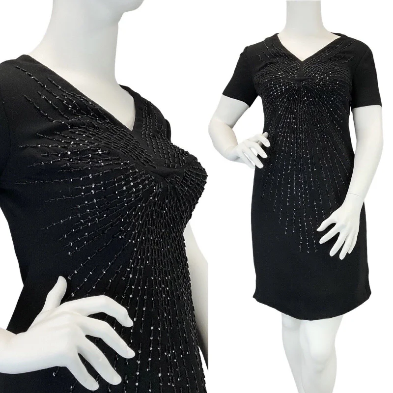 Overstock VINTAGE 60s 70s BLACK STARBURST BEADED SEQUINNED PARTY WOOL SHORT DRESS 14