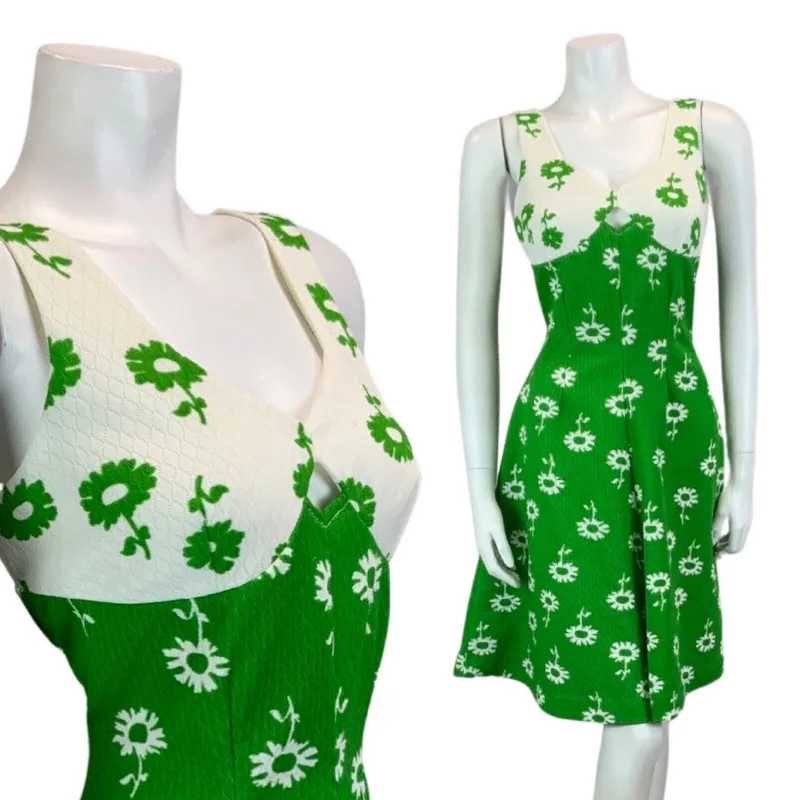 Special Price VINTAGE 60s 70s WHITE GREEN FLORAL PRINT MINI WITH CUT OUT DETAIL DRESS 12