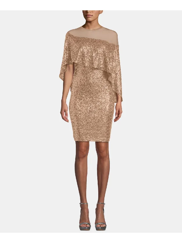 Low Prices BETSY & ADAM Womens Sequined Long Sleeve Illusion Neckline Mini Evening Body Con Dress