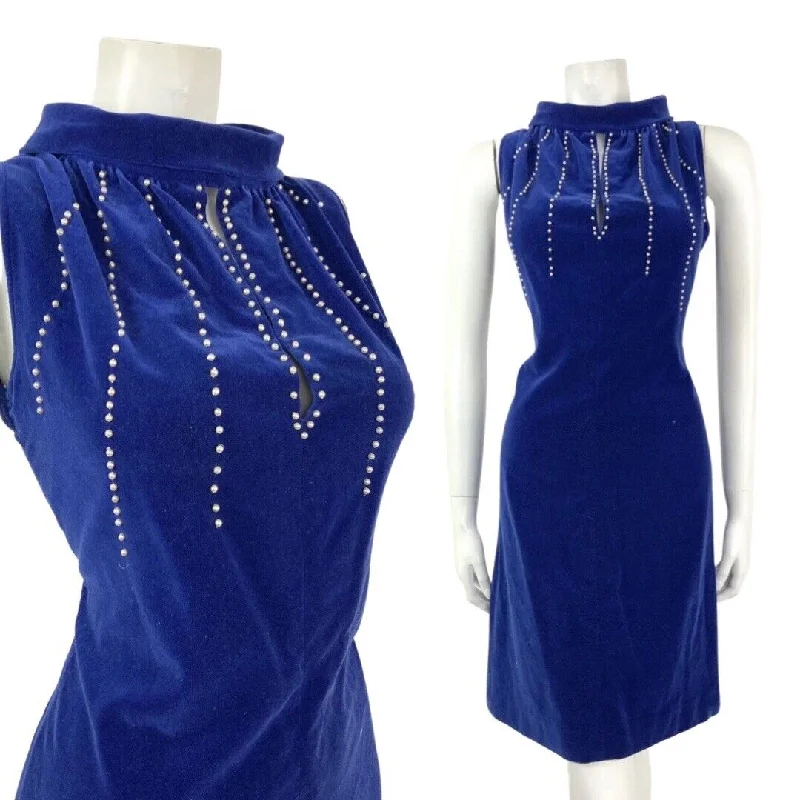 Act Fast VINTAGE 60s ELECTRIC BLUE PEARL BEADED VELVET WIGGLE CUT OUT DRESS 10 12