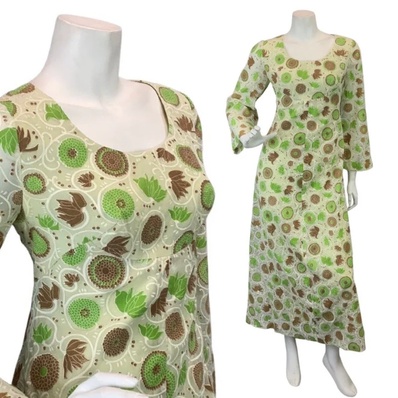 Massive Deals VINTAGE 60s 70s GREEN CREAM BROWN LEAFY VINE FLORAL MOD BOHO SHEER MAXI DRESS 12