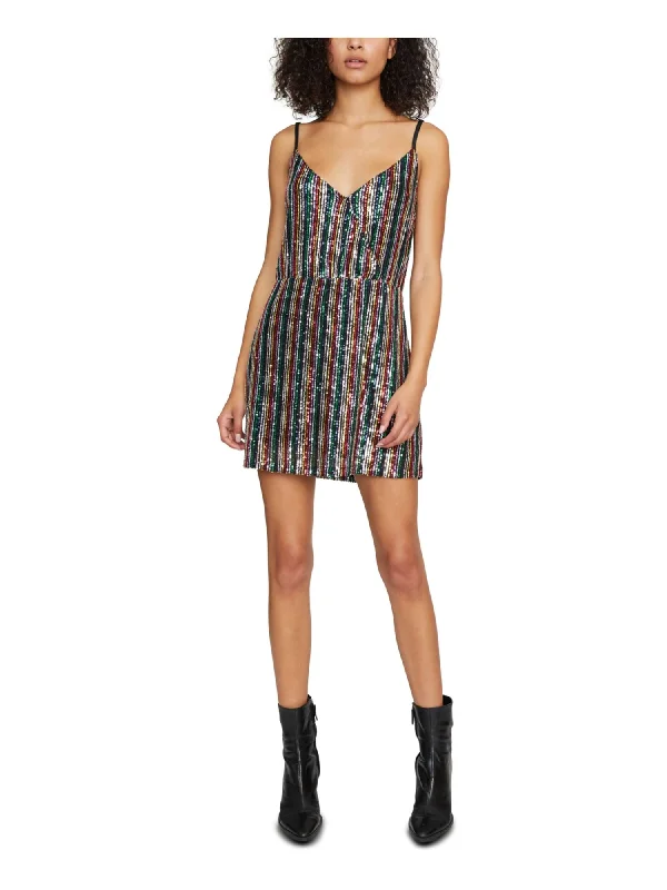 Fantastic Deals SANCTUARY Womens Black Sequined Striped Spaghetti Strap V Neck Short Party Sheath Dress