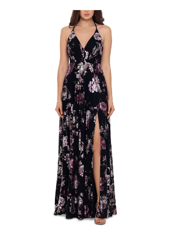 Online Exclusive BETSY & ADAM Womens Black Ruched Slitted Open Back Floral Sleeveless V Neck Full-Length Evening A-Line Dress