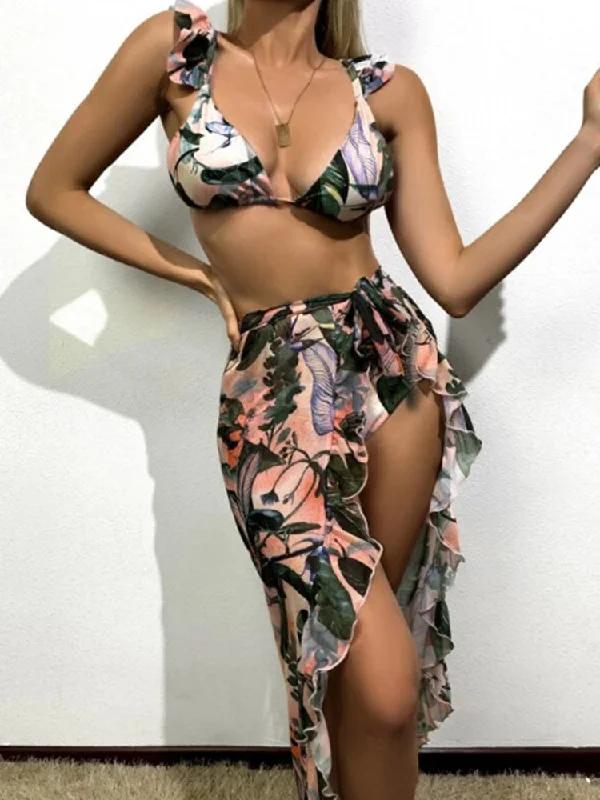 Clearance Items Botanical Print Ruffled Three-Piece Bikini Set