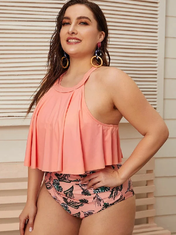 Blowout Deals Plus Size Womens Suits Two Pieces High Waist Bottom Bkini Sets Flowy Beach Swimwear